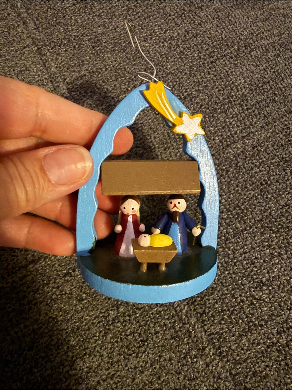 Vintage Midwest Wooden Nativity Christmas Ornament Mini Blue Painted 80s 90s
